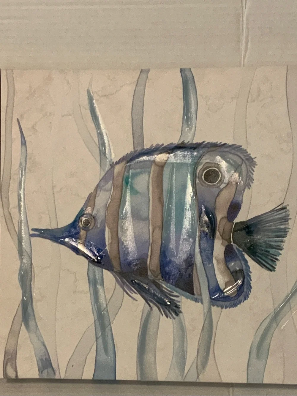 Blue Textured Watercolor Fish Canvas Pair 12”x12”. Shiny texture accents.